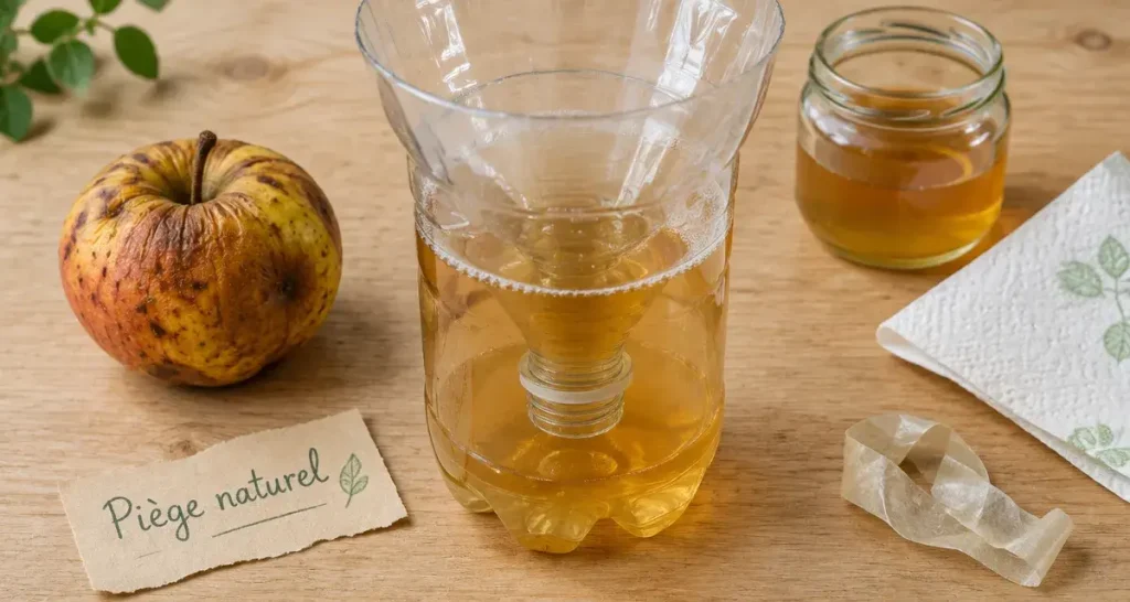 Piège à mouche naturel avec vinaigre de cidre et goutte de liquide vaisselle dans un entonnoir