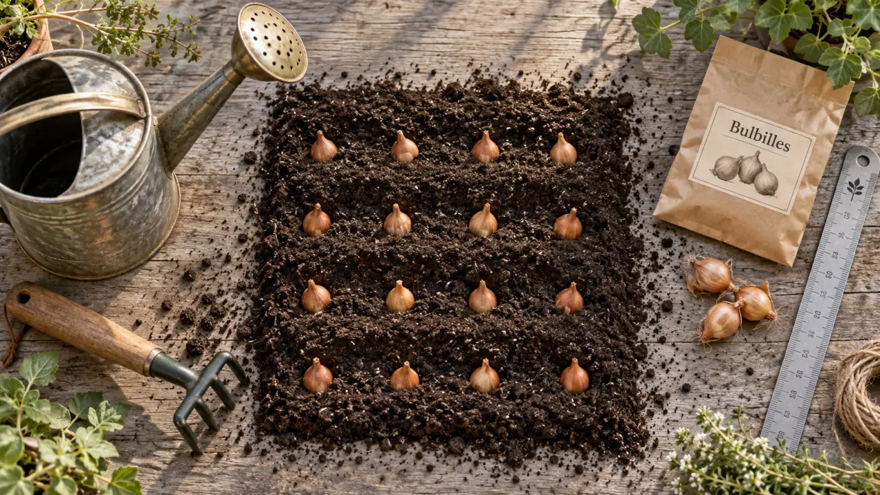 Planter oignon : bulbilles à 2–3 cm de profondeur