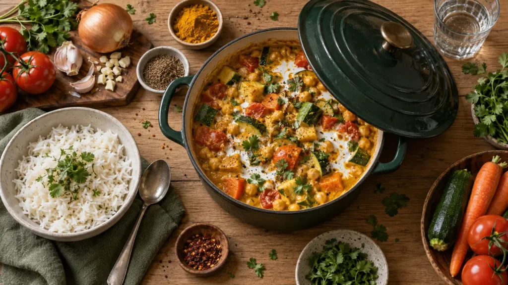 Plats mijotés recettes : curry pois chiches au lait de coco