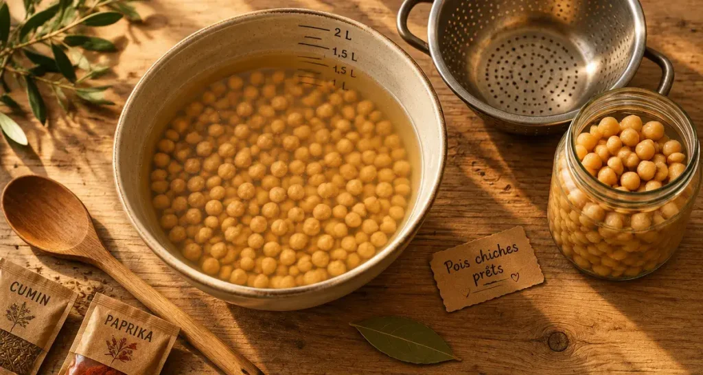 Préparation pois chiche : pois chiches secs trempant avant cuisson