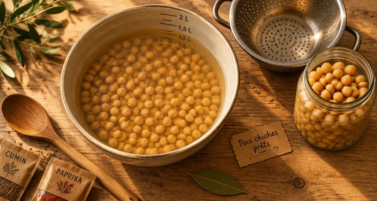 Préparation pois chiche : pois chiches secs trempant avant cuisson