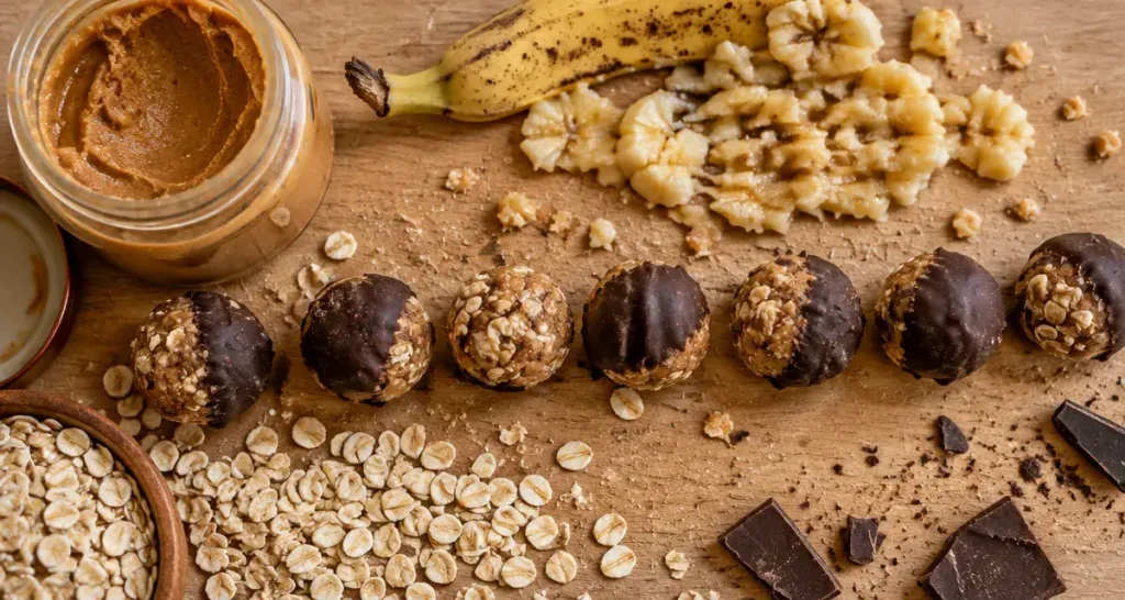 Recette avec beurre de cacahuète sans cuisson : bouchées banane-avoine au chocolat noir